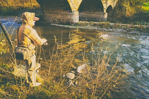 Balıkçı bir alabalık bir dağ nehir üzerinde yakalar.