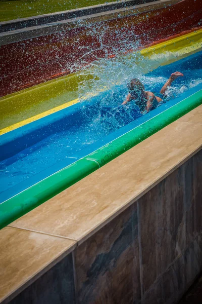 Boy Rides Slide Water Park — Stock Photo, Image