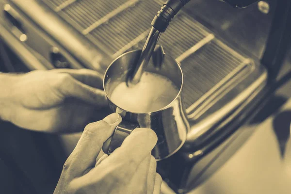 Coffee Machine Pours Milk — Stock Photo, Image