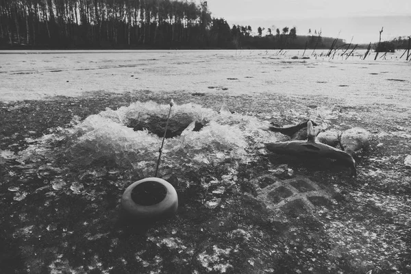 Pesca Gelo Inverno Lago — Fotografia de Stock