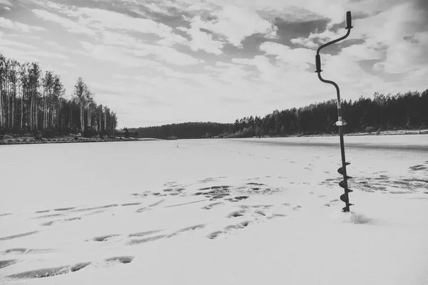 Pesca Gelo Inverno Lago — Fotografia de Stock