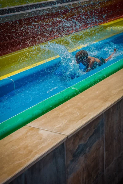 Boy Rides Slide Water Park — Stock Photo, Image