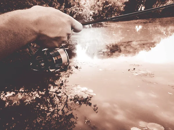 夏の湖の漁師の手 — ストック写真