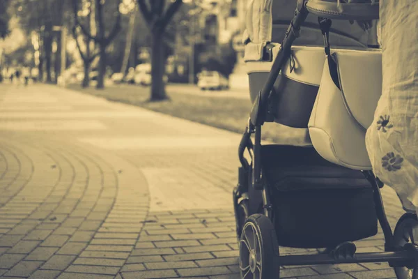 Mamma med en sittvagn på en promenad — Stockfoto