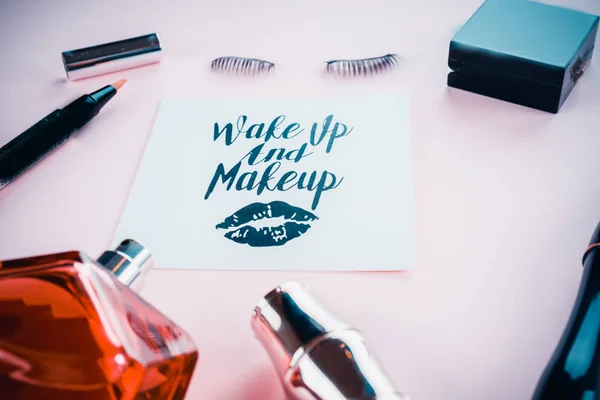Olika Makeup Produkter Rosa Bakgrund — Stockfoto
