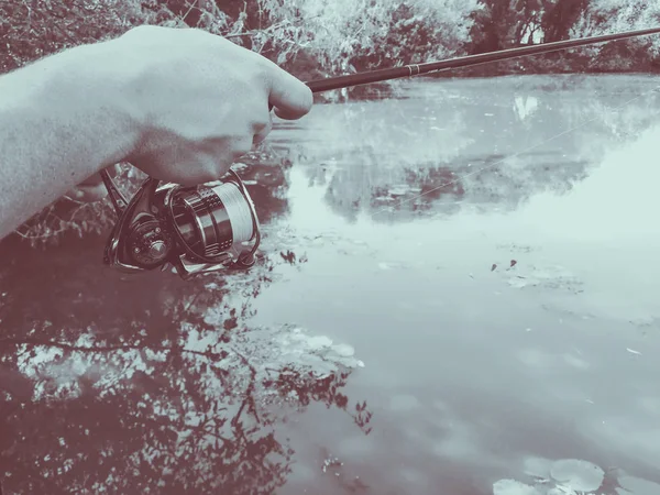A mão do pescador no lago no verão — Fotografia de Stock