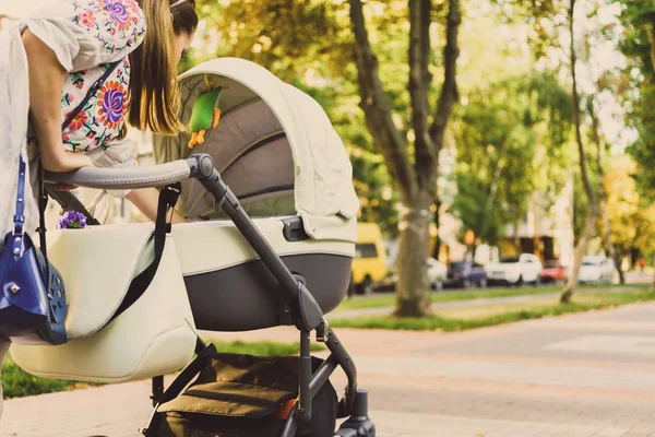 Moeder met een wandelwagen op een wandeling — Stockfoto