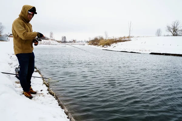 Young Man Fishing Lake — 스톡 사진