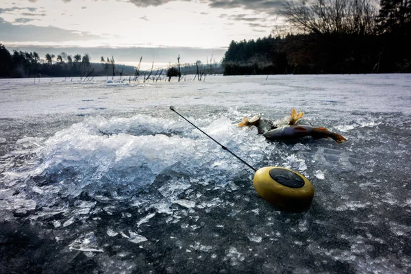 Ice fishing on the lake — Stock Photo, Image