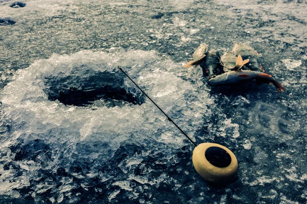 Pêche sur la glace sur le lac — Photo