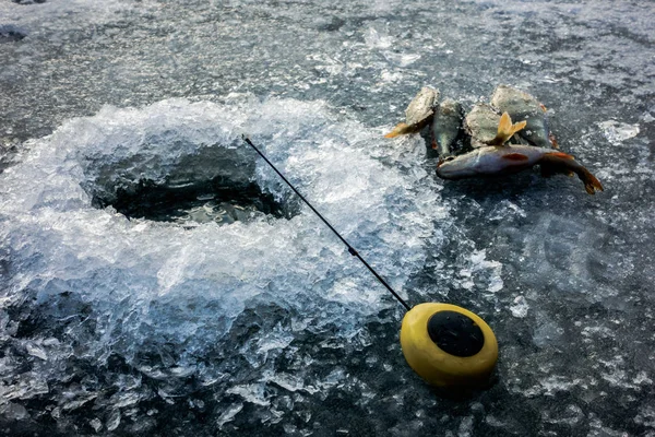 Pêche sur la glace sur le lac — Photo