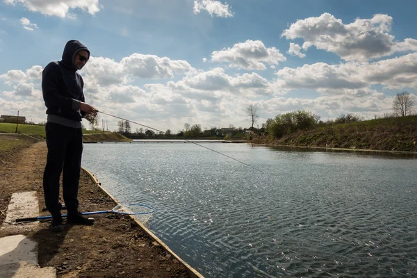 Young Man Fishing Lake — 스톡 사진