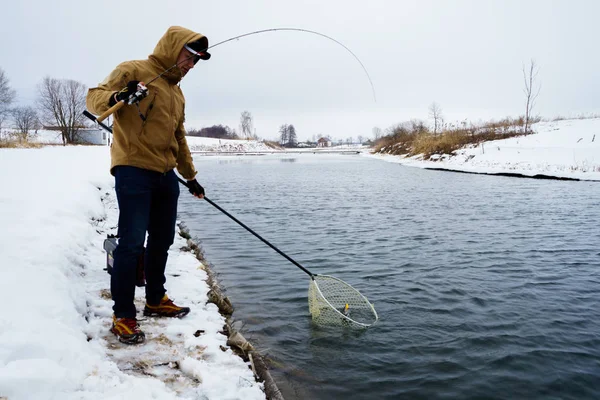 Young Man Fishing Lake — Stockfoto