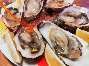 İstiridye masada şarap ile