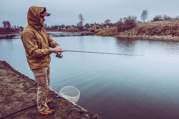 Young Man Fishing Lake — Stockfoto