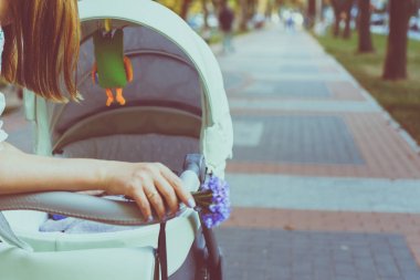 Anne üzerinde bir bebek arabası