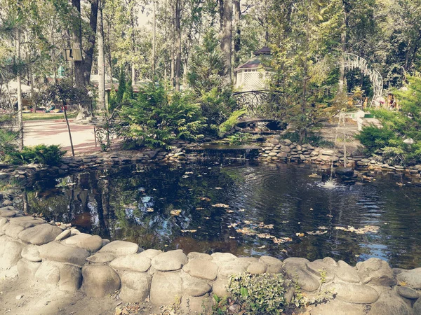 Lagoa com uma fonte — Fotografia de Stock