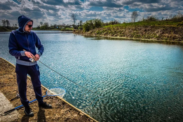 Young Man Fishing Lake — 스톡 사진