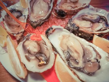 İstiridye masada şarap ile