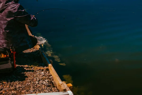 Fisherman catch rainbow trout from lake — Stock Photo, Image