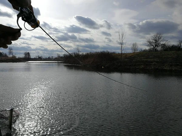 Young Man Fishing Lake — Stock Photo, Image