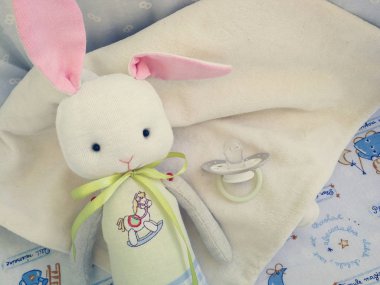 arabasındaki bebek oyuncak tavşan