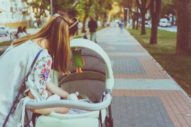 Anne üzerinde bir bebek arabası
