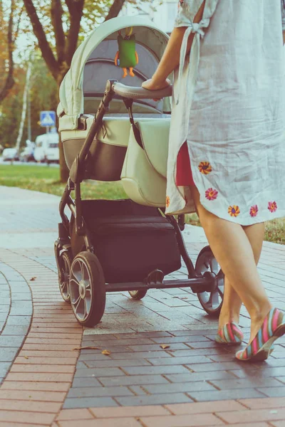 Mãe com um carrinho em um passeio — Fotografia de Stock