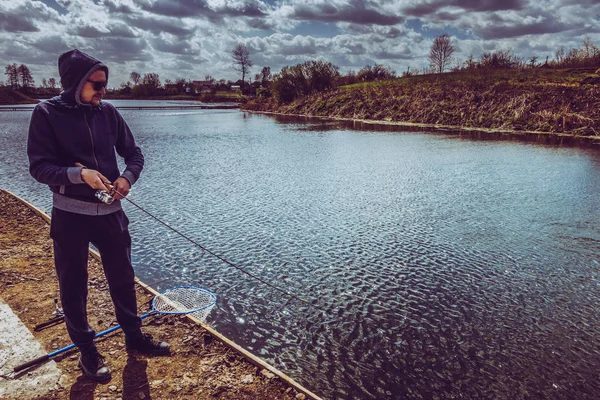 Young Man Fishing Lake — 스톡 사진