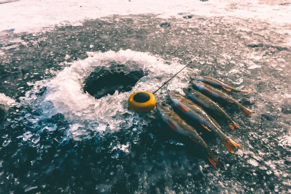 Pesca sul ghiaccio sul lago — Foto Stock