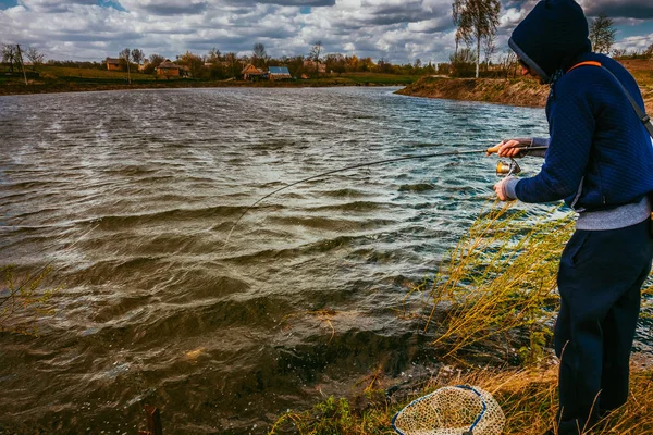 Young Man Fishing Lake — 스톡 사진