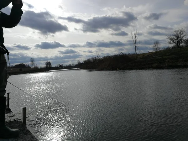 Young Man Fishing Lake — 스톡 사진