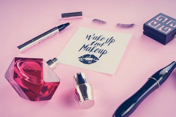 Various Makeup Products Pink Background — Stock Photo, Image