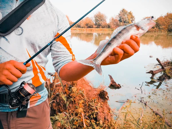 Pescatore catturato un pesce che tiene in mano — Foto Stock