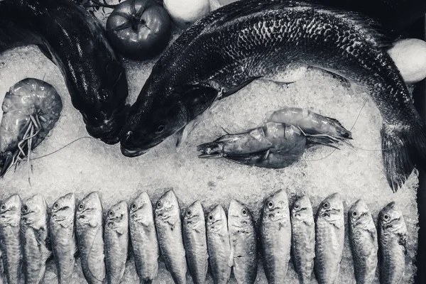 Pescado sobre hielo en un restaurante de pescado — Foto de Stock