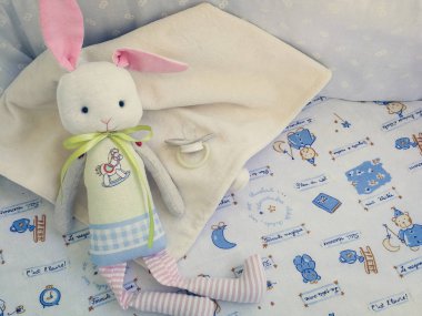 arabasındaki bebek oyuncak tavşan