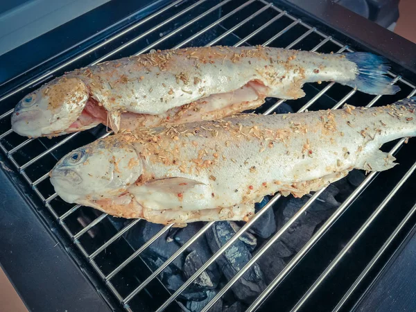 Pescado Parrilla Cocinado Cerca —  Fotos de Stock