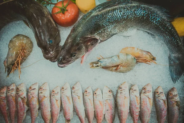 Pescado sobre hielo en un restaurante de pescado —  Fotos de Stock