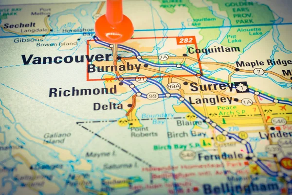 Przypięte Vancouver na mapie miasta Usa — Zdjęcie stockowe