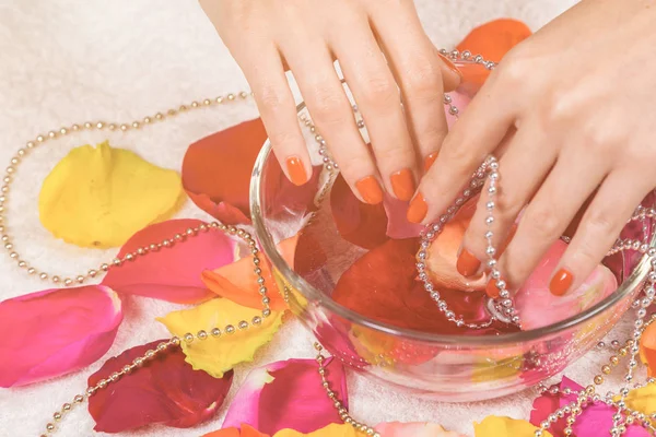 Händer med röda naglar på rosenblad skål — Stockfoto