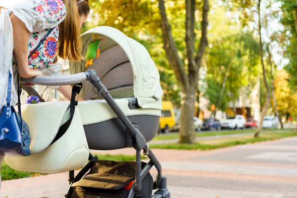 Moeder met een wandelwagen op een wandeling — Stockfoto