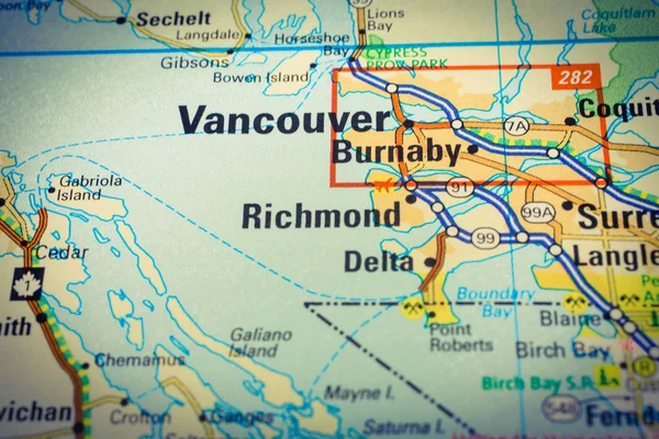 Vancouver na mapę zbliżenie — Zdjęcie stockowe