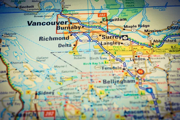 Vancouver på en karta närbild — Stockfoto