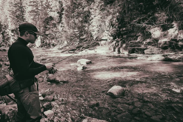 Pescador en un hermoso río de montaña en el bosque — Foto de Stock