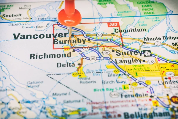 Przypięte Vancouver na mapie miasta Usa — Zdjęcie stockowe