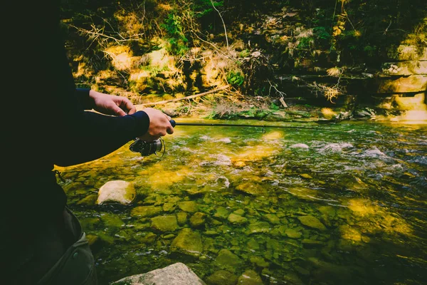 Pescador em um belo rio de montanha na floresta — Fotografia de Stock