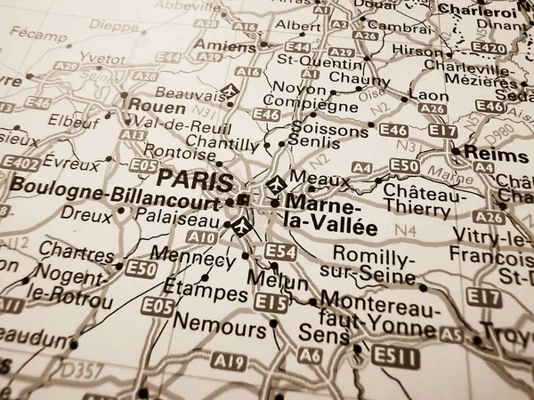 Paris on a road map of Europe