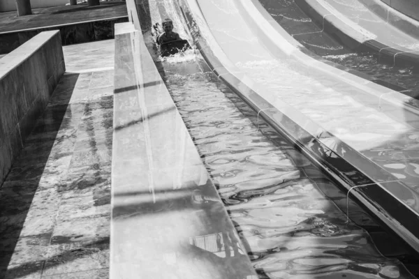 Boy Rides Slide Water Park — Stock Photo, Image