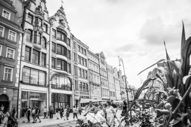 Wroclaw, Polonya - 15 Haziran 2019 Wroclaw Evleri ve Wroclaw şehrinin sokakları. Şehir manzarası