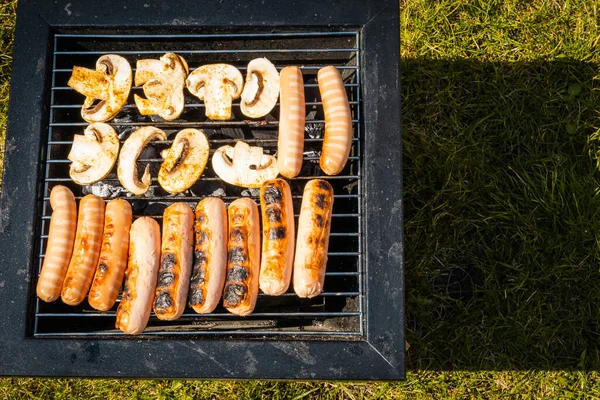 Sausages grilled, outdoor recreation. Portable barbecue